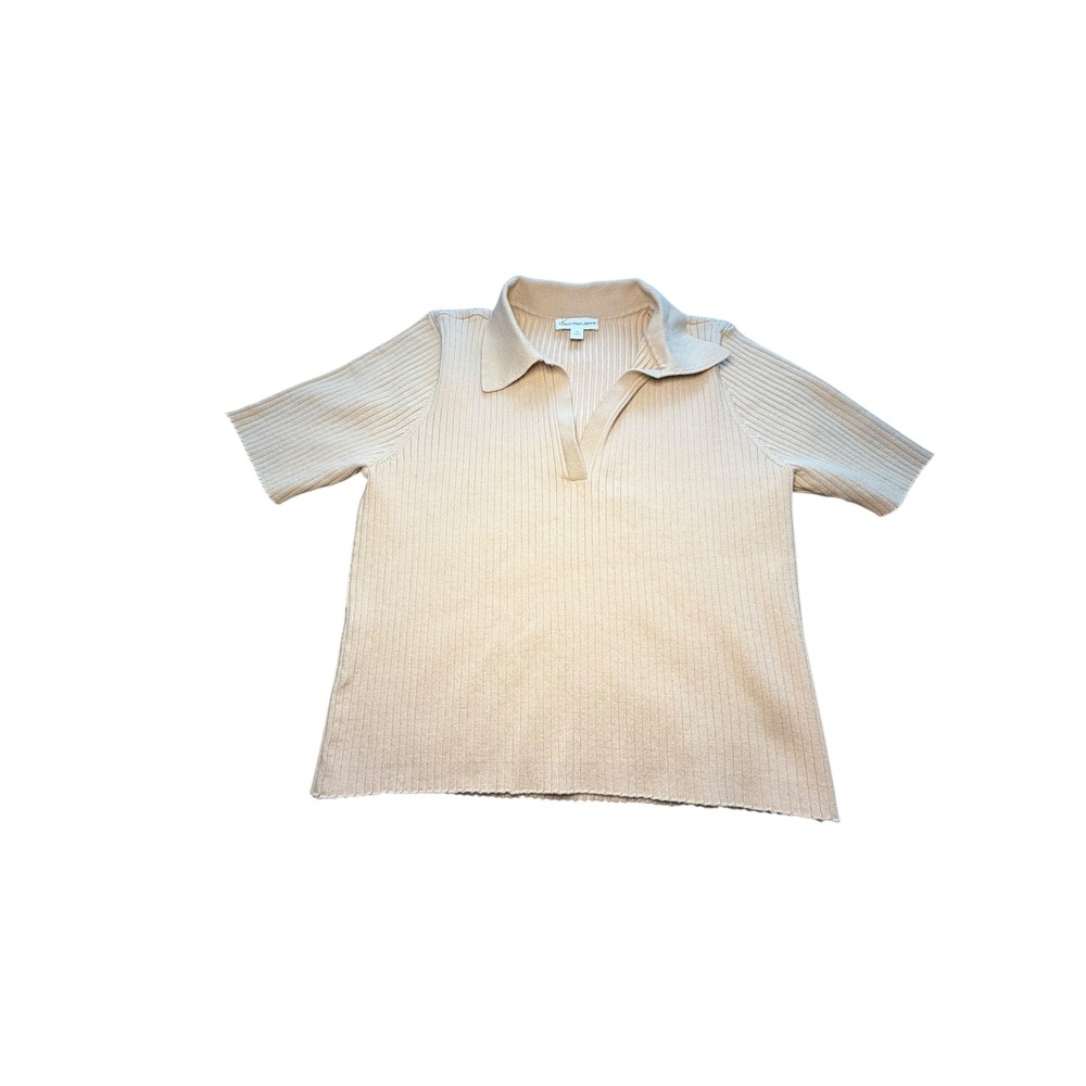 Calvin Klein Jeans Womens L Beige Ribbed Short Sleeve Polo Sweater V-Neck Camel